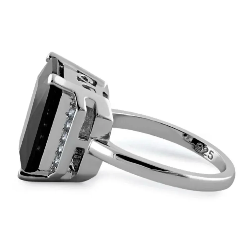 Sterling Silver Black Onyx Radiant Cut CZ Solitaire Ring Size 6 New